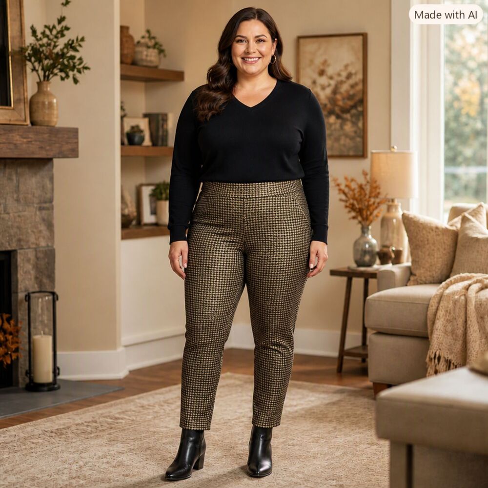NWT Terra & Sky Metallic Gold Houndstooth Slim Pants Plus Size 1X 16W-18W